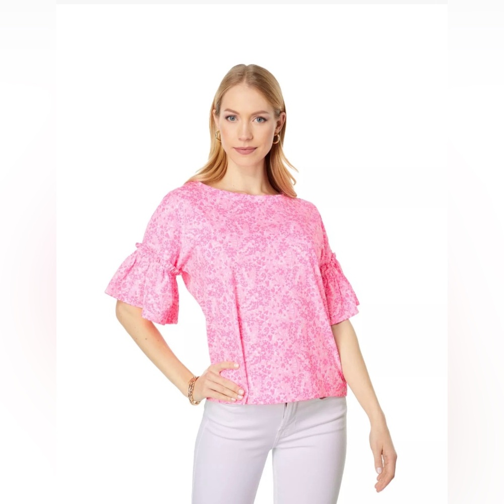 LILLY‎ PULITZER Ziva Pink Shady Invest A Gator Blouse XL Pink Floral Print